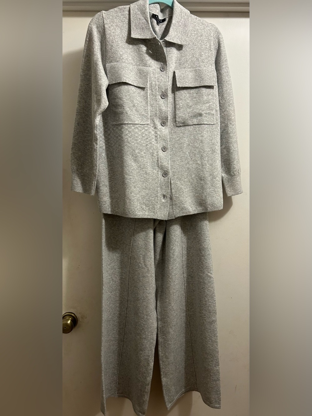 Women’s Light Gray Long-Sleeve Button Shirt Top with Matching Pants Cozy Knit